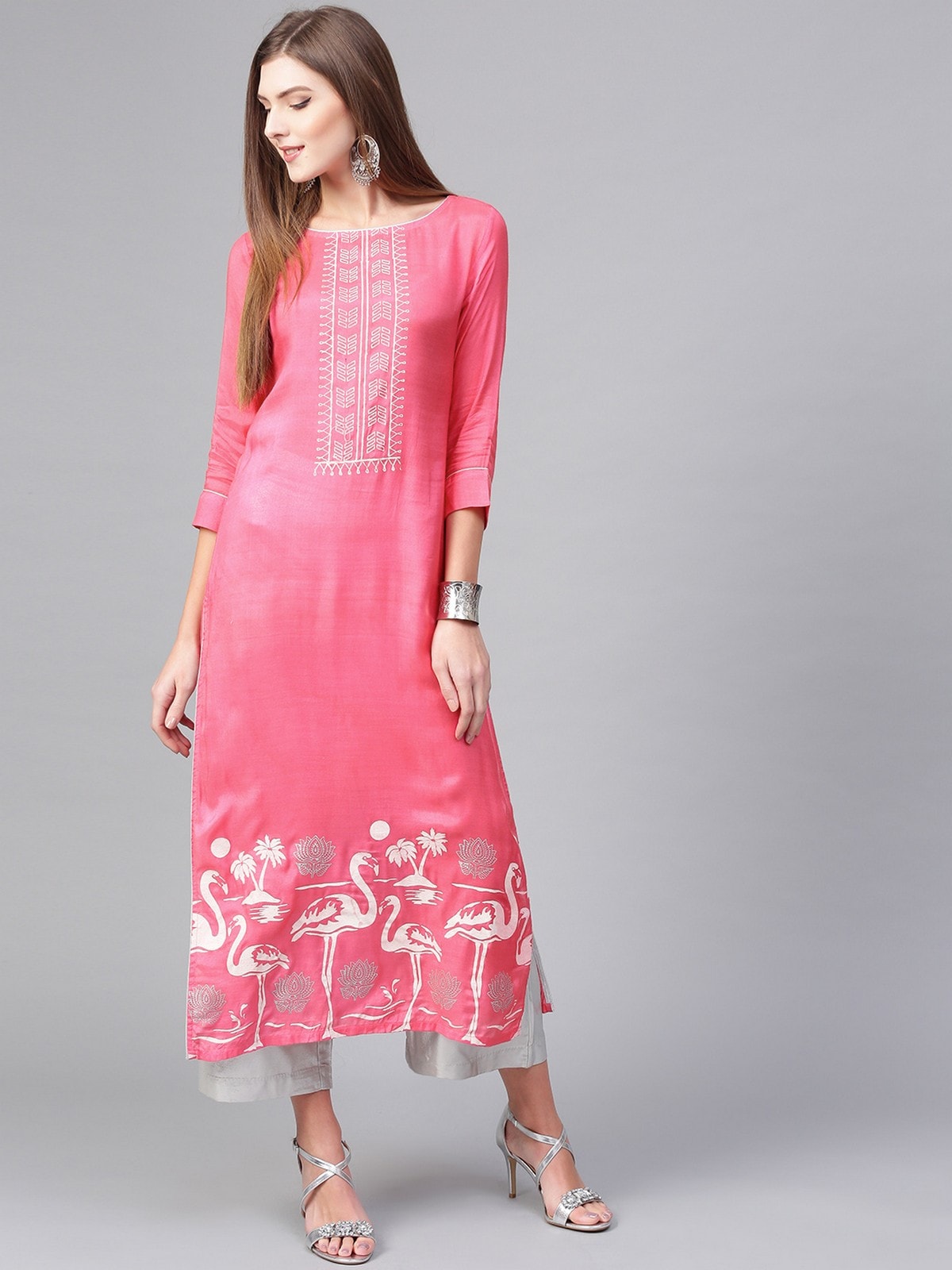 Pink Lotus Inspired Swan Printed Kurta