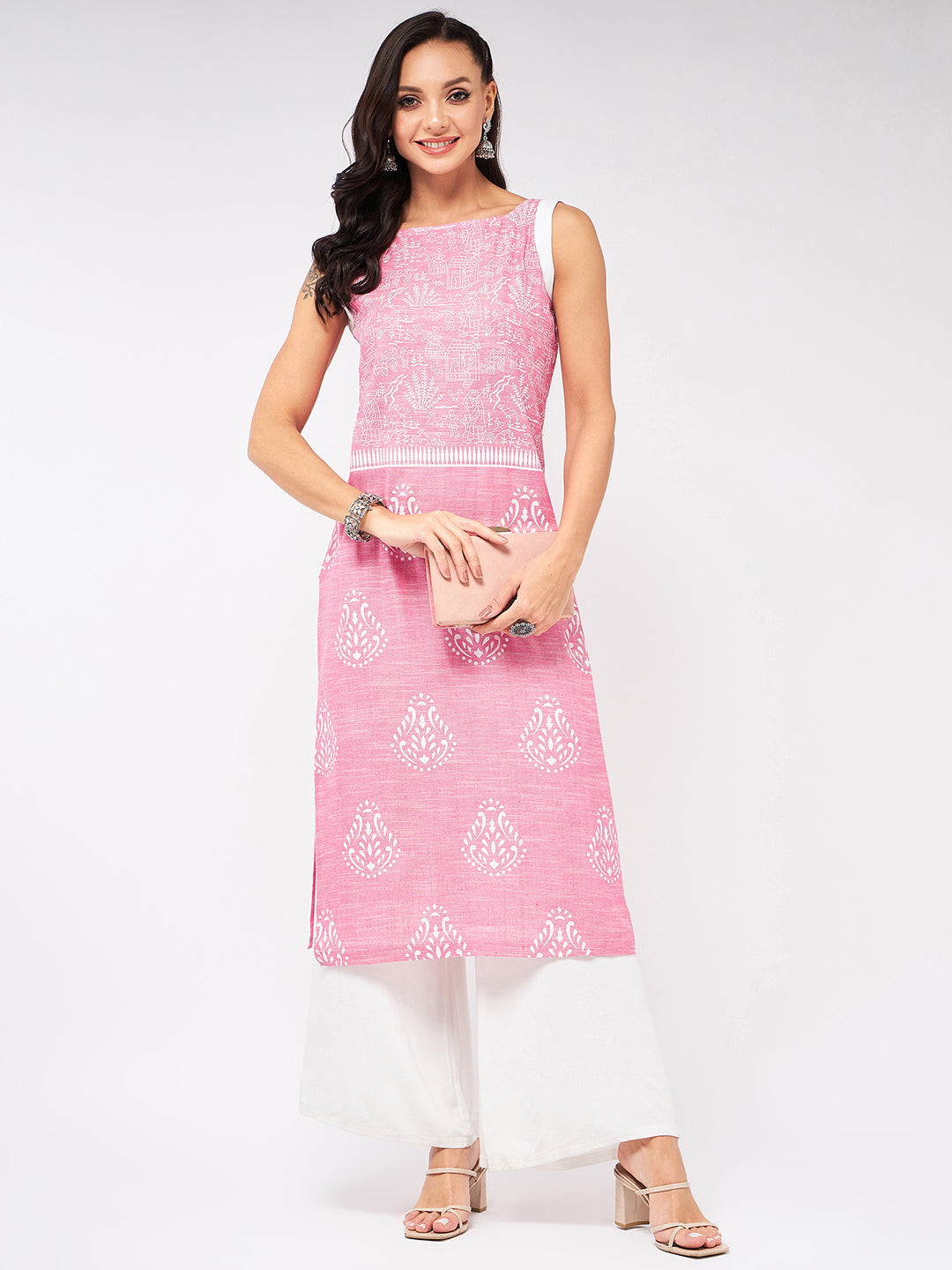 Sleeveless Printed Chambray Kurta