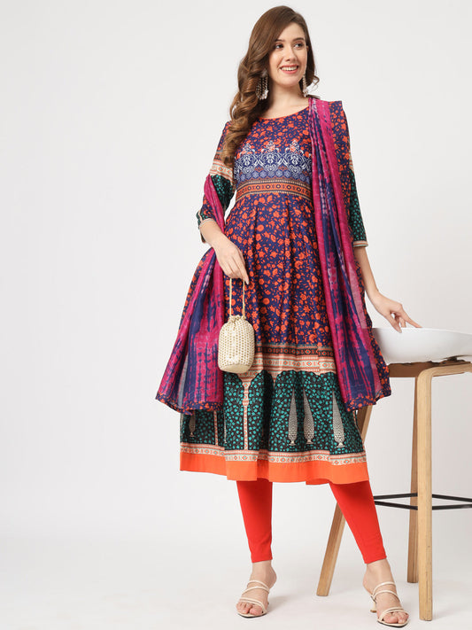 Mughal Flared Kurta With Tie-Dye Dupatta