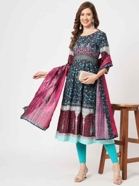 Mughal Flared Kurta With Tie-Dye Dupatta