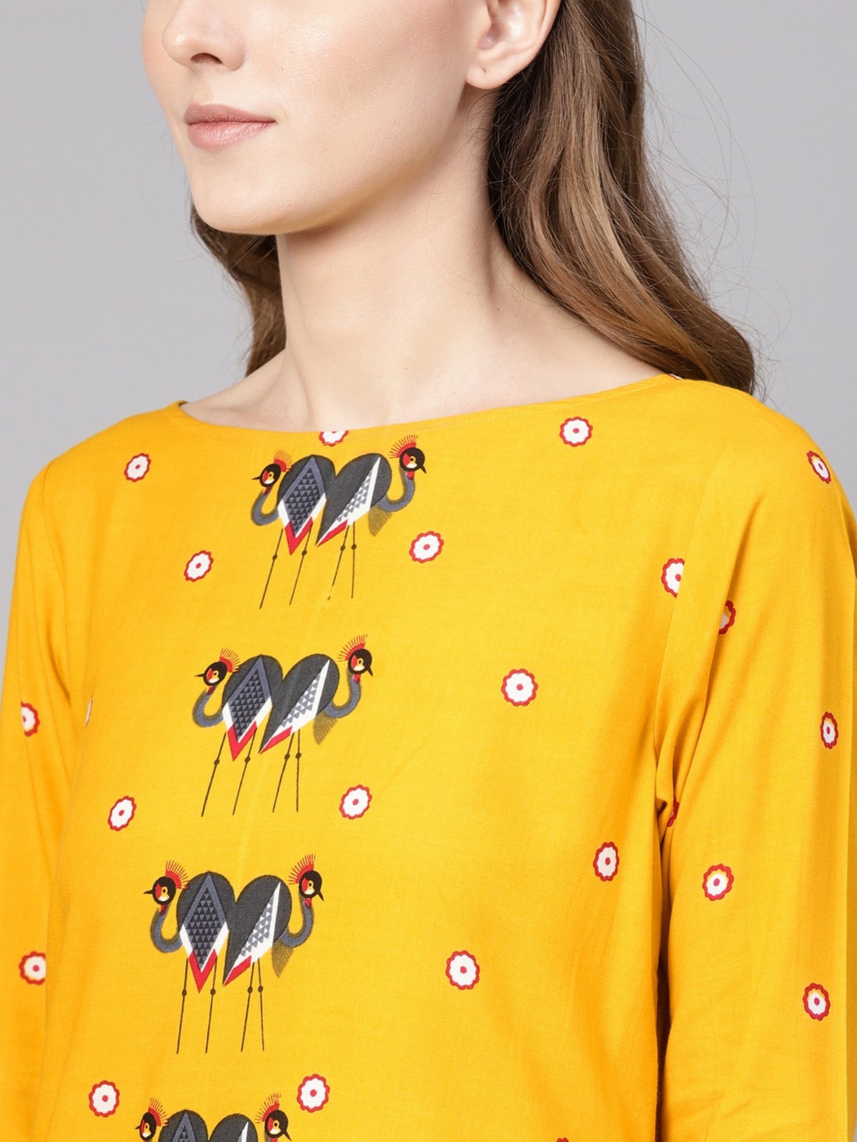 Yellow Mirror Image Flamingo Straight Kurta