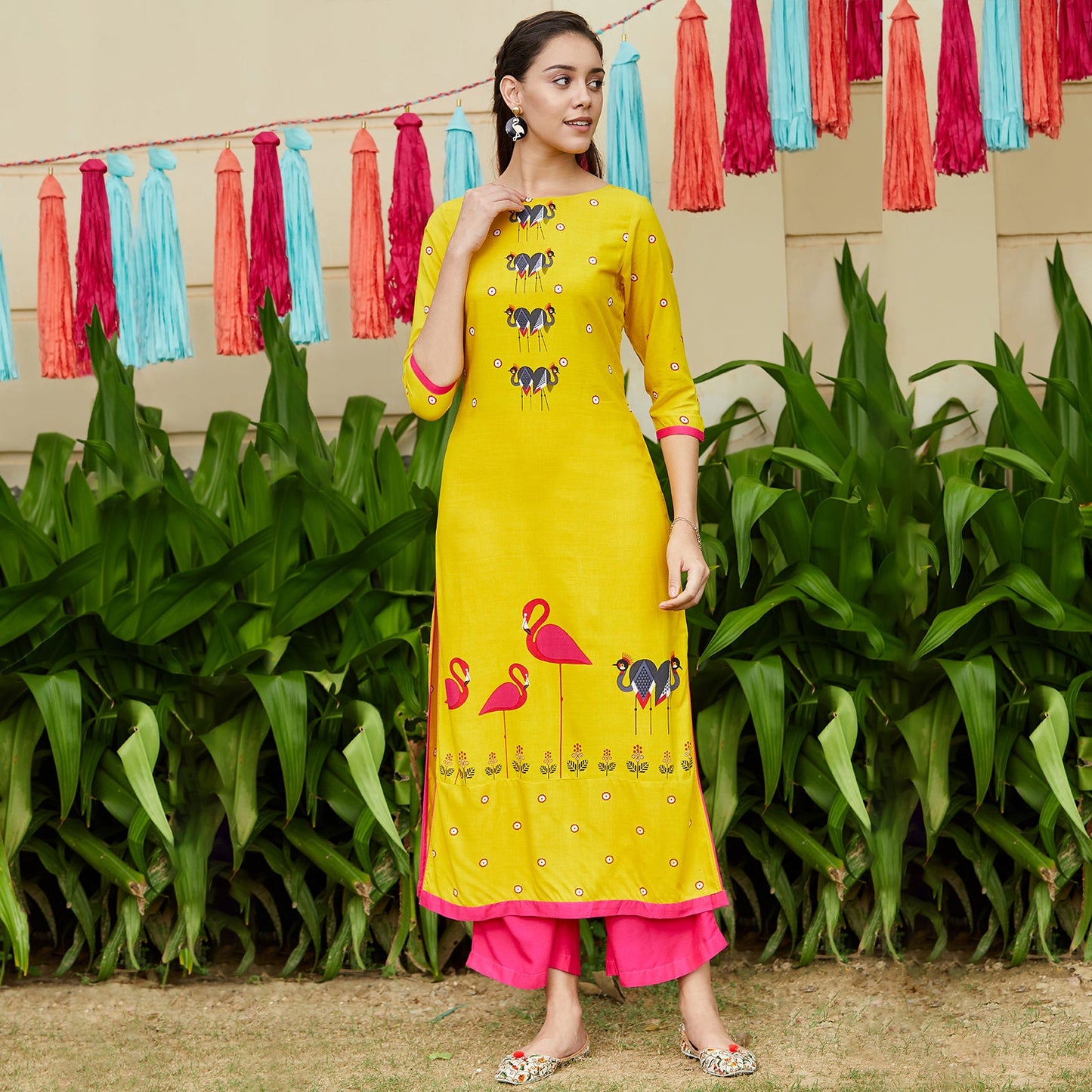 Yellow Mirror Image Flamingo Straight Kurta