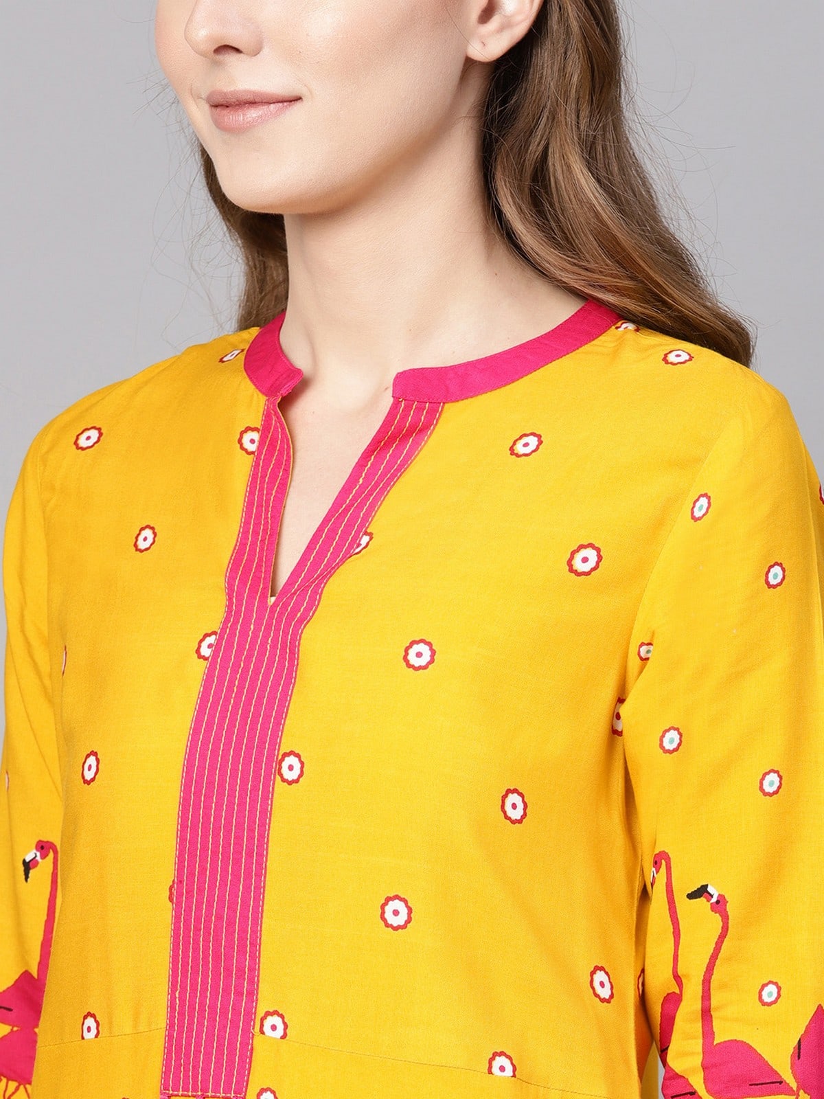 Yellow V-Neck Flamingo Printed Kurta