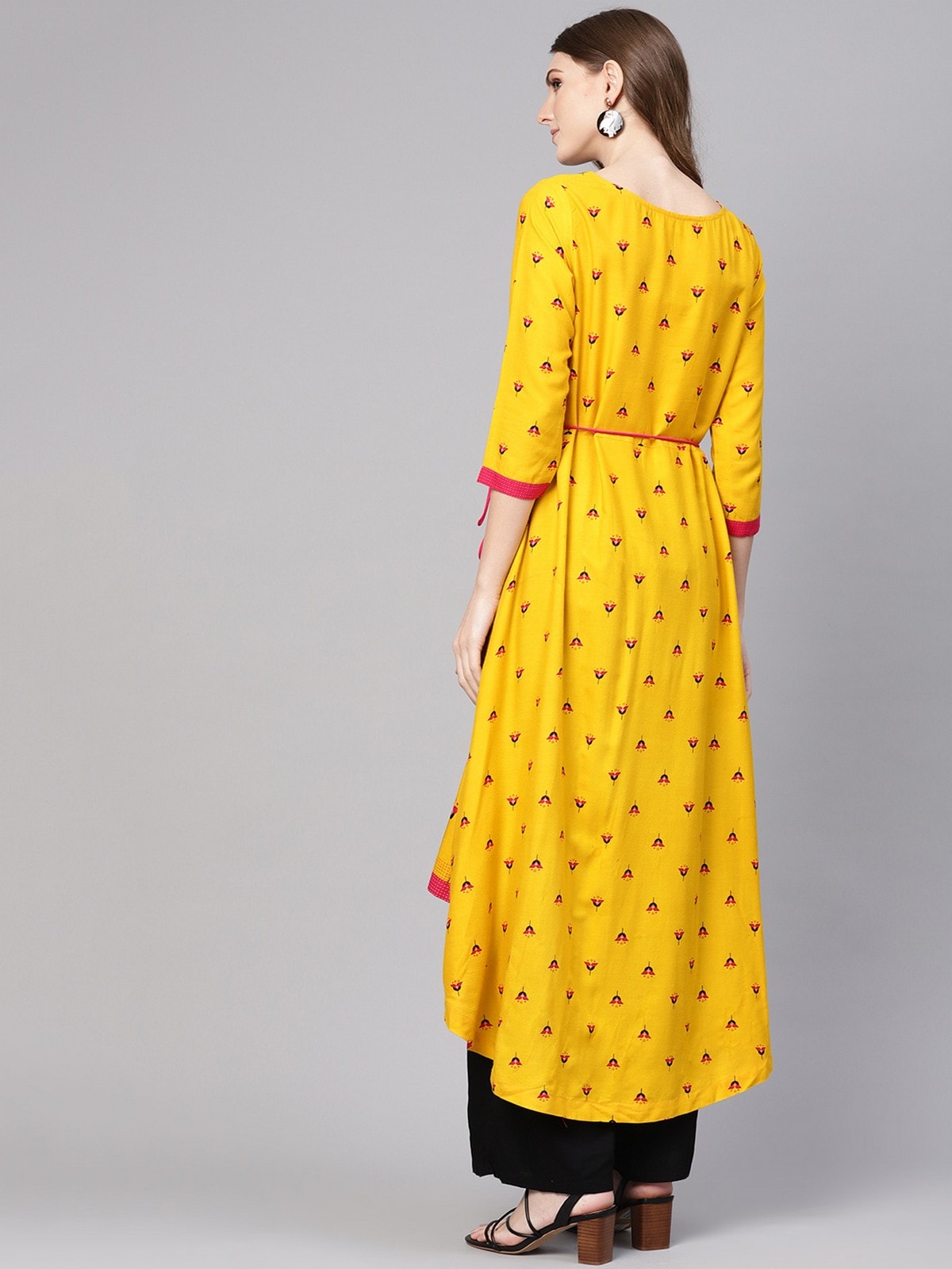 Yellow Dori Asymmetric Flamingo Printed Kurta