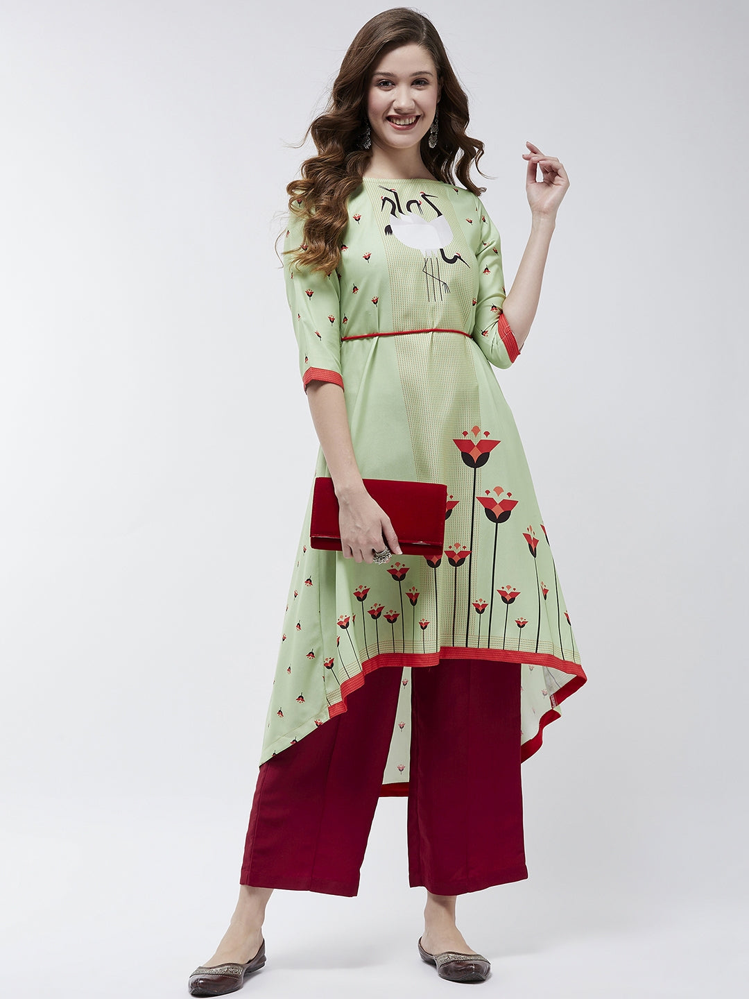 Dori Asymmetric Flamingo Printed Kurta