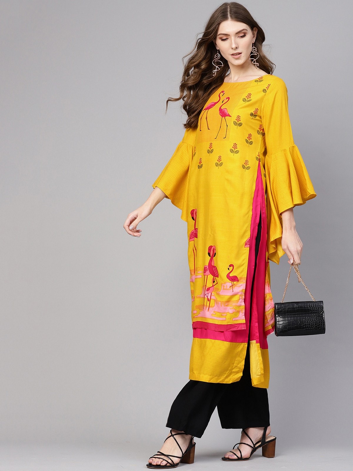 Yellow Bell Sleeves Layered Flamingo Printed Kurta