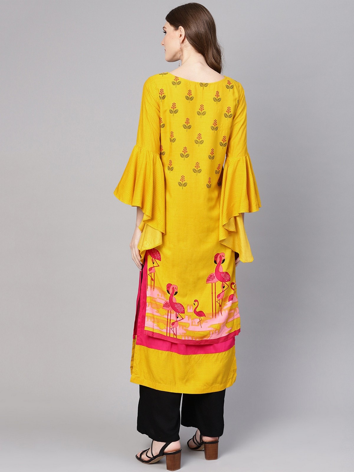 Yellow Bell Sleeves Layered Flamingo Printed Kurta