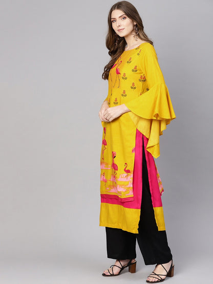 Yellow Bell Sleeves Layered Flamingo Printed Kurta