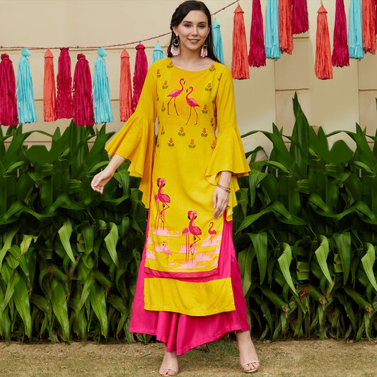 Yellow Bell Sleeves Layered Flamingo Printed Kurta