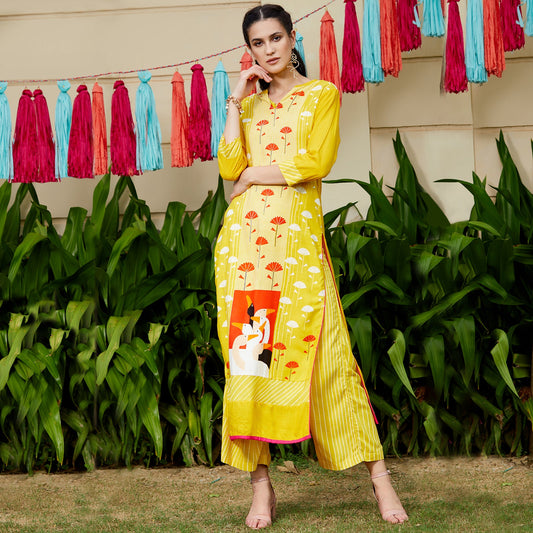 Yellow Allover Flamingo Printed Straight Kurta