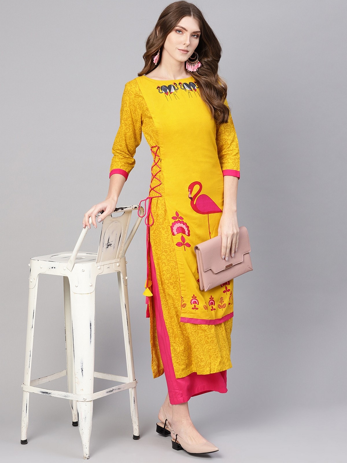 Yellow Side Dori Flamingo Printed Kurta