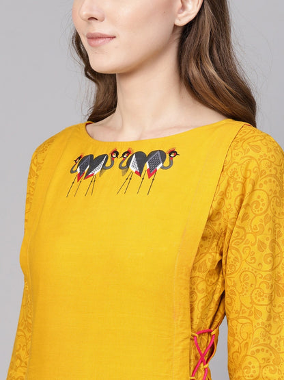 Yellow Side Dori Flamingo Printed Kurta