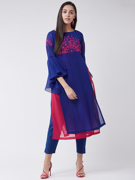 Royal Blue Yoke Embroidered Layered Kurta With Bell Sleeves