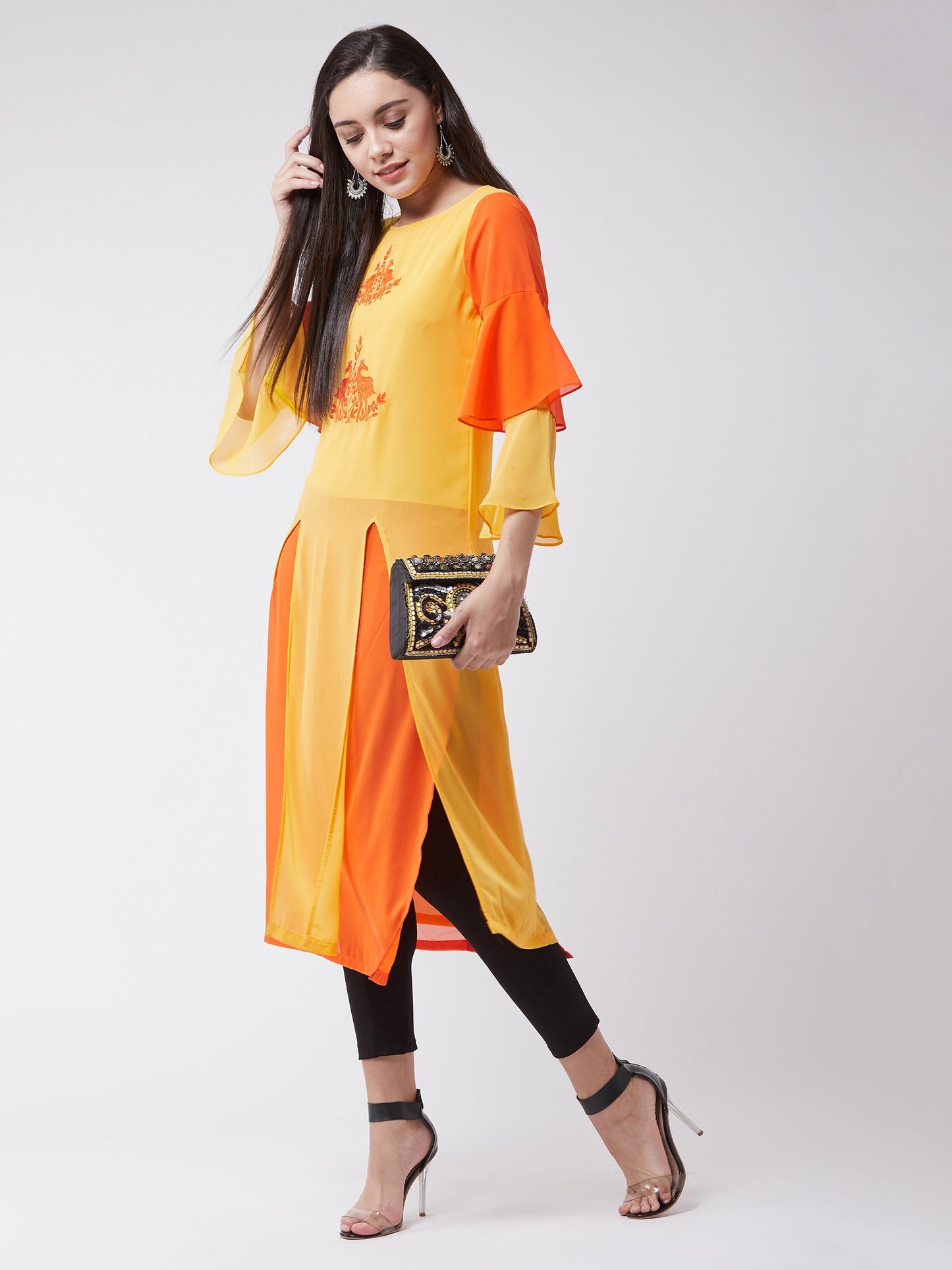 Yellow Embroidered Layered Kurta With Bell Sleeves And Front Slits