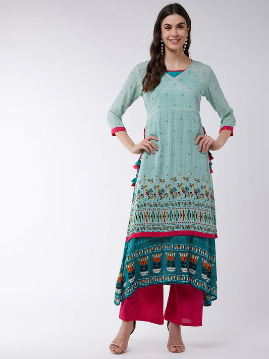 Pastel Printed Angarkha Double Layer Kurta