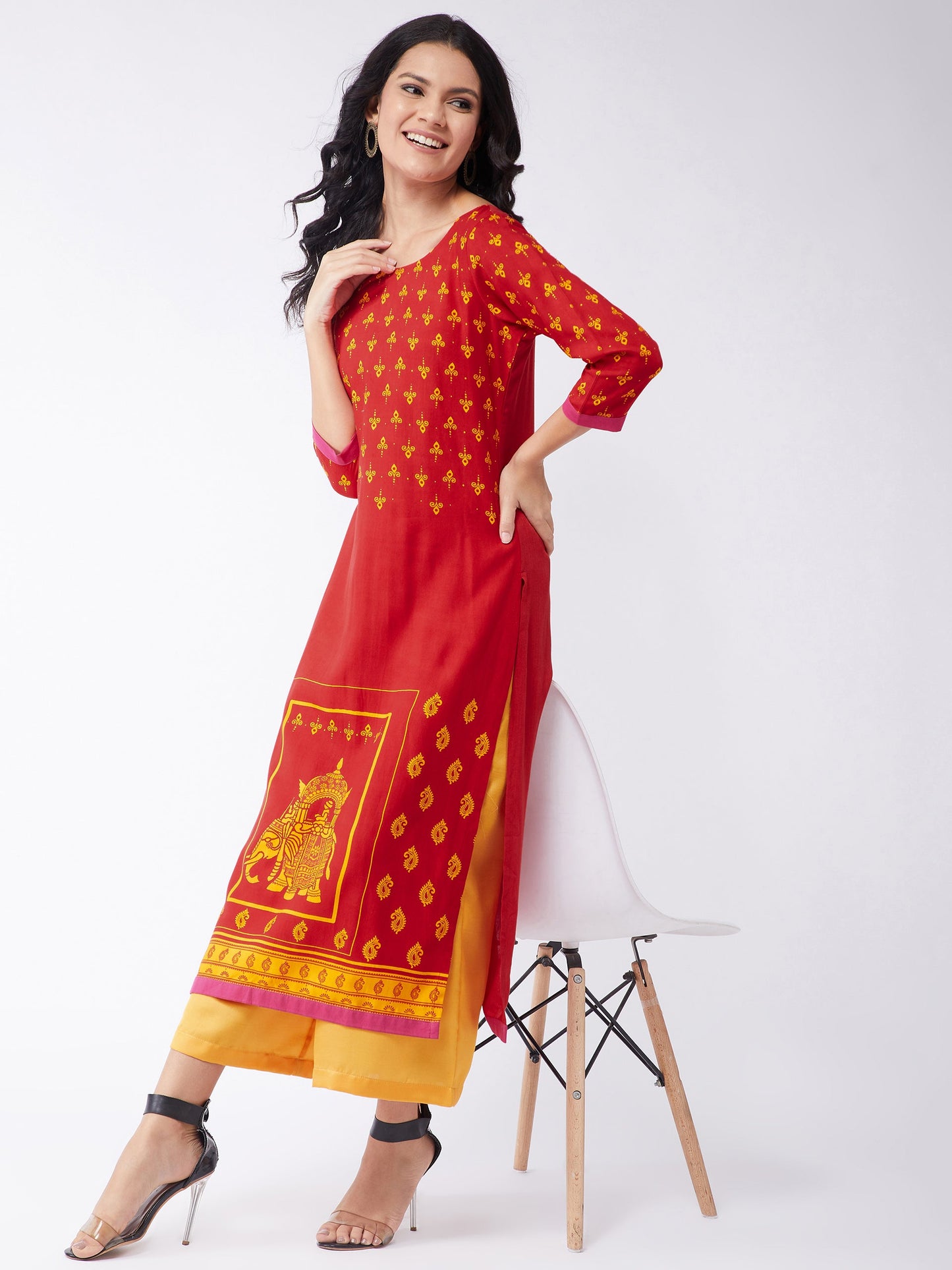 Digital Print Bottom Placement Sindoor Kurta