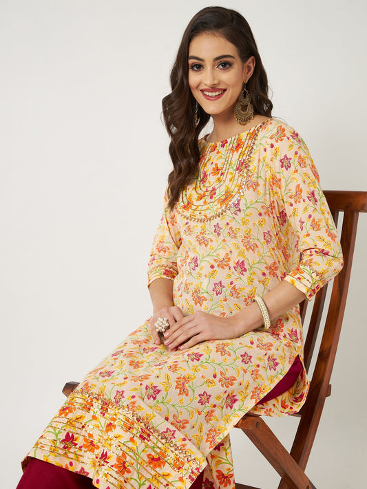 Printed Kurta With Gold Lace Details