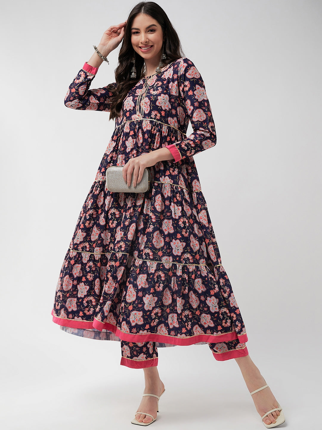 Wedding Inspired Digital Floral Printed Kurta With Lace Inserts