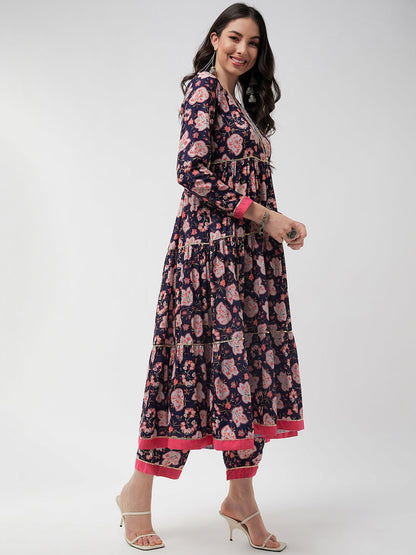 Wedding Inspired Digital Floral Printed Kurta With Lace Inserts