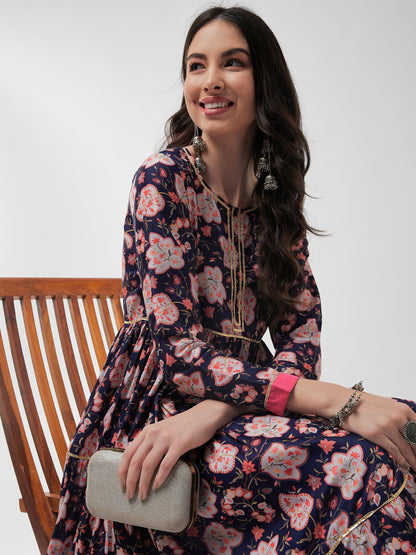 Wedding Inspired Digital Floral Printed Kurta With Lace Inserts