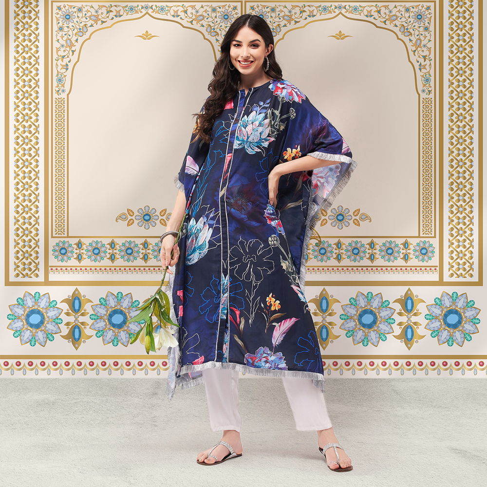 Wedding Inspired Digital Big Floral Printed Kaftan Kurta With Fringe Lace