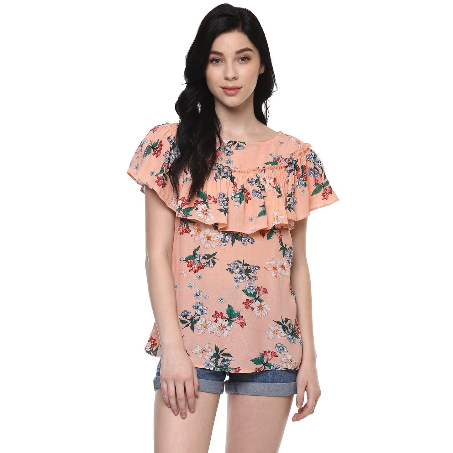 Floral Top With Gathered Neck Flare