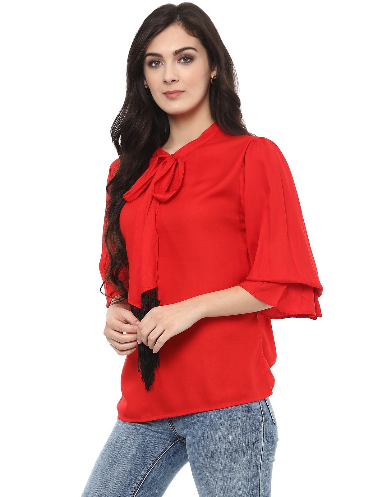 Pannkh Women's Solid Tie-Up Top With Fringes