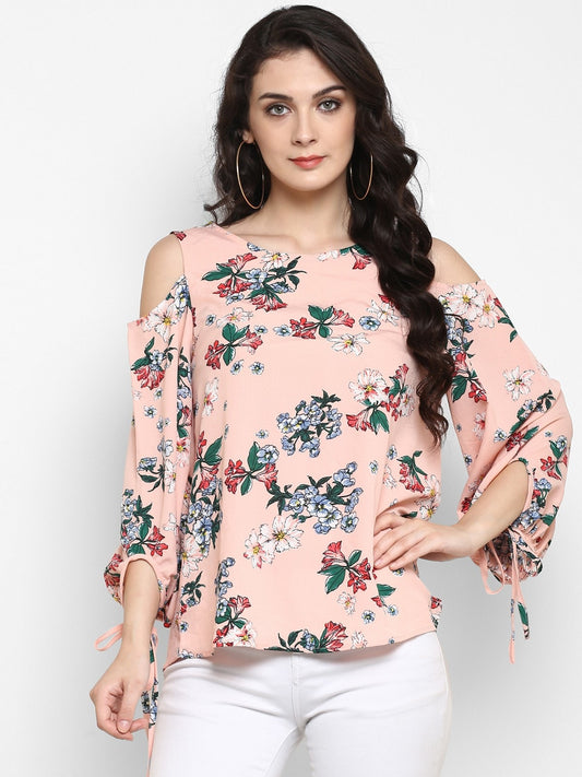 Peach Floral Cold Shoulder Top With Tie-up At Sleeves