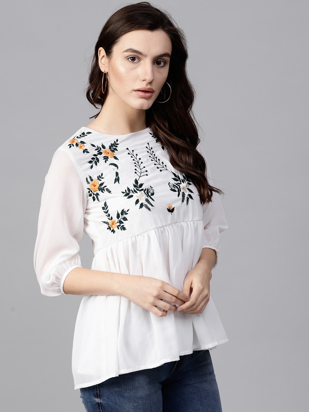 White Floral Embroidered Sheer Top