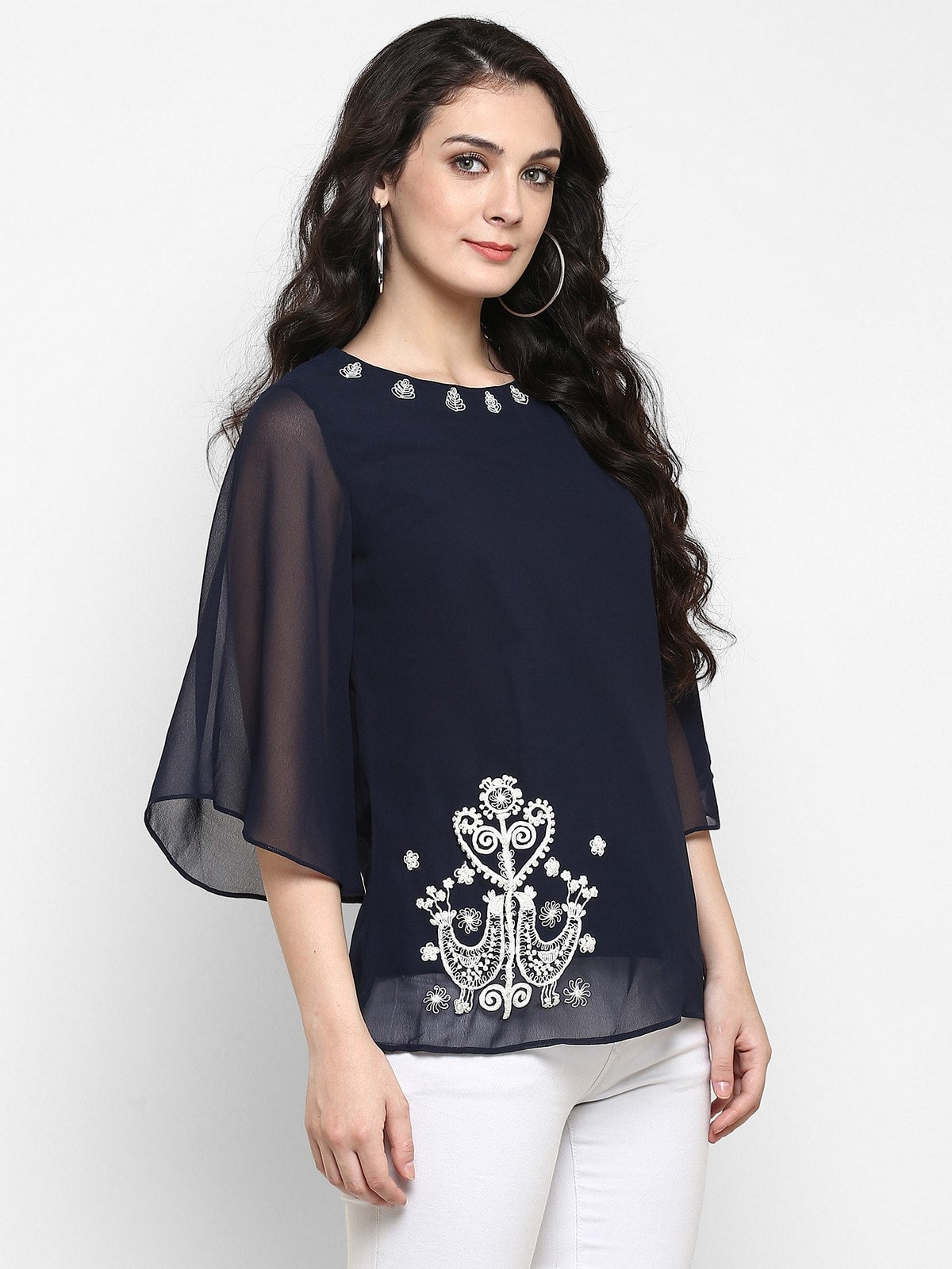 Navy Blue Embroidered Sheer Top