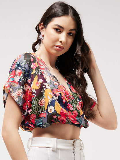 Digital Printed Overlap Crop Top With Elasticated Waist