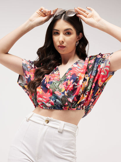 Digital Printed Overlap Crop Top With Elasticated Waist