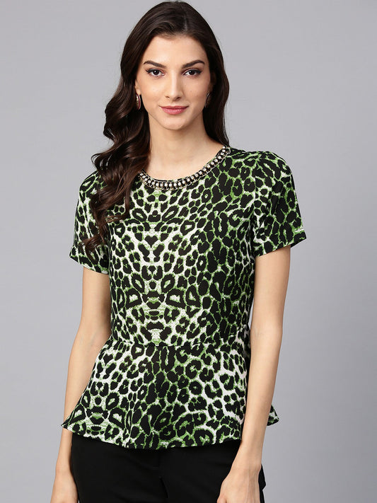 Animal Print Embellished Peplum Top