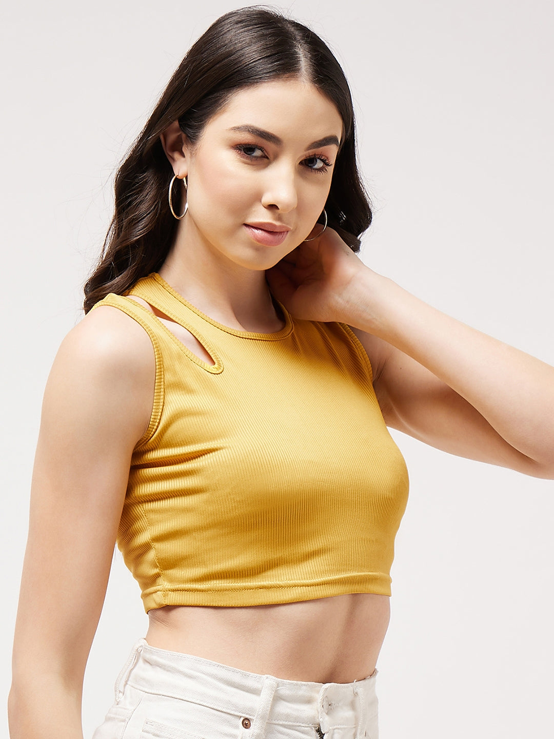 Solid Shoulder Cut-Out Rib Crop Top