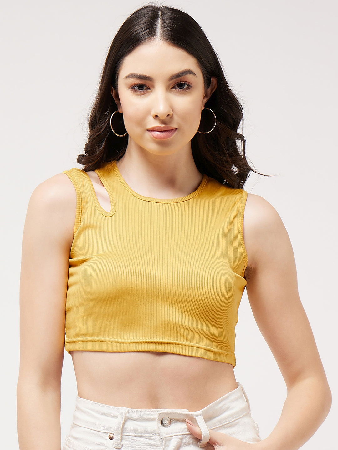 Solid Shoulder Cut-Out Rib Crop Top