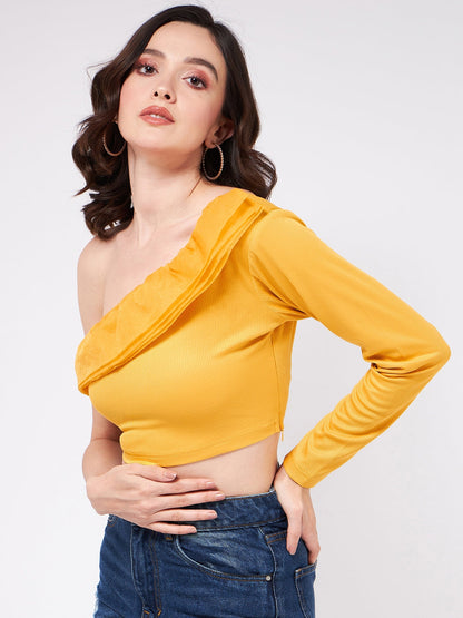 Solid One-Shoulder Crop Top With Organza Ruffles