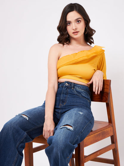 Solid One-Shoulder Crop Top With Organza Ruffles