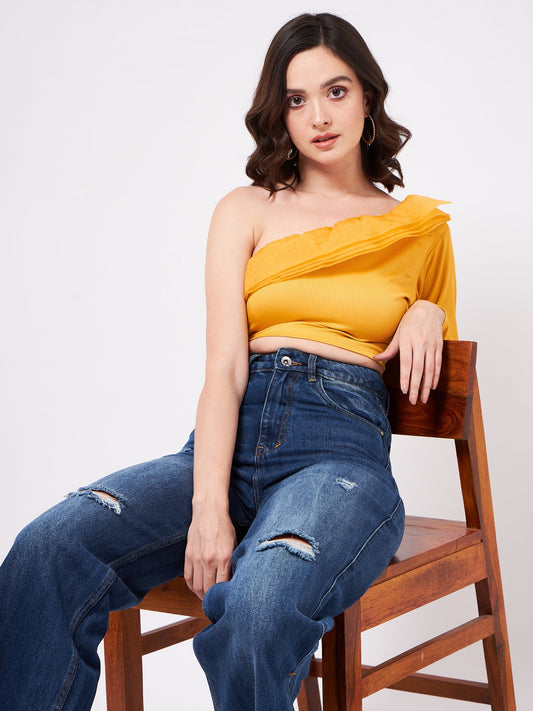 Solid One-Shoulder Crop Top With Organza Ruffles