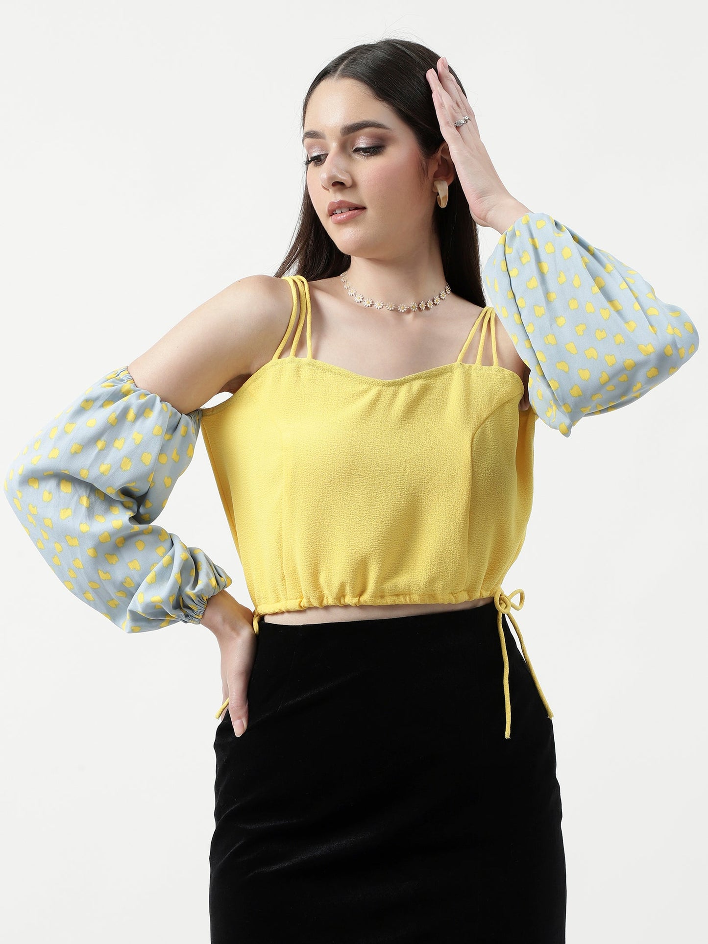 Solid Sweetheart Neck Top With Polka Printed Sleeves