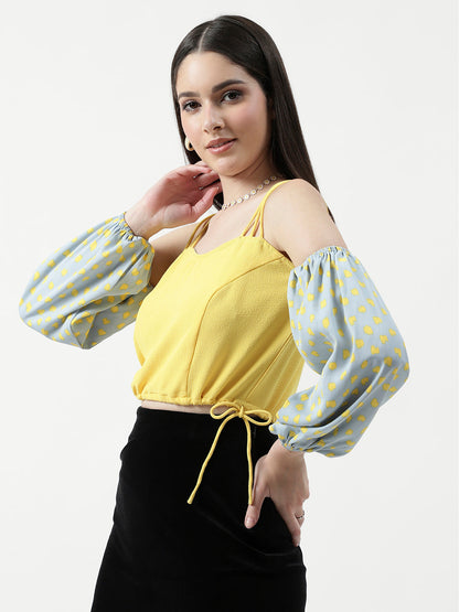 Solid Sweetheart Neck Top With Polka Printed Sleeves