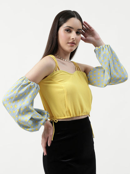 Solid Sweetheart Neck Top With Polka Printed Sleeves