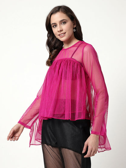 Solid Shimmer Loose Fit Pleated Styling Top