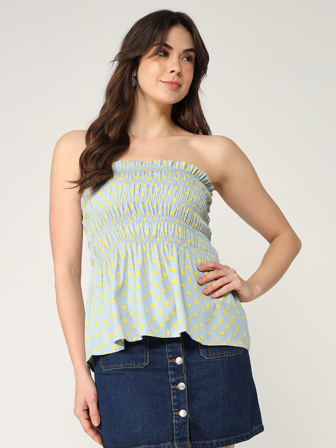 Printed Polka Dot Tube Style Smocked Top