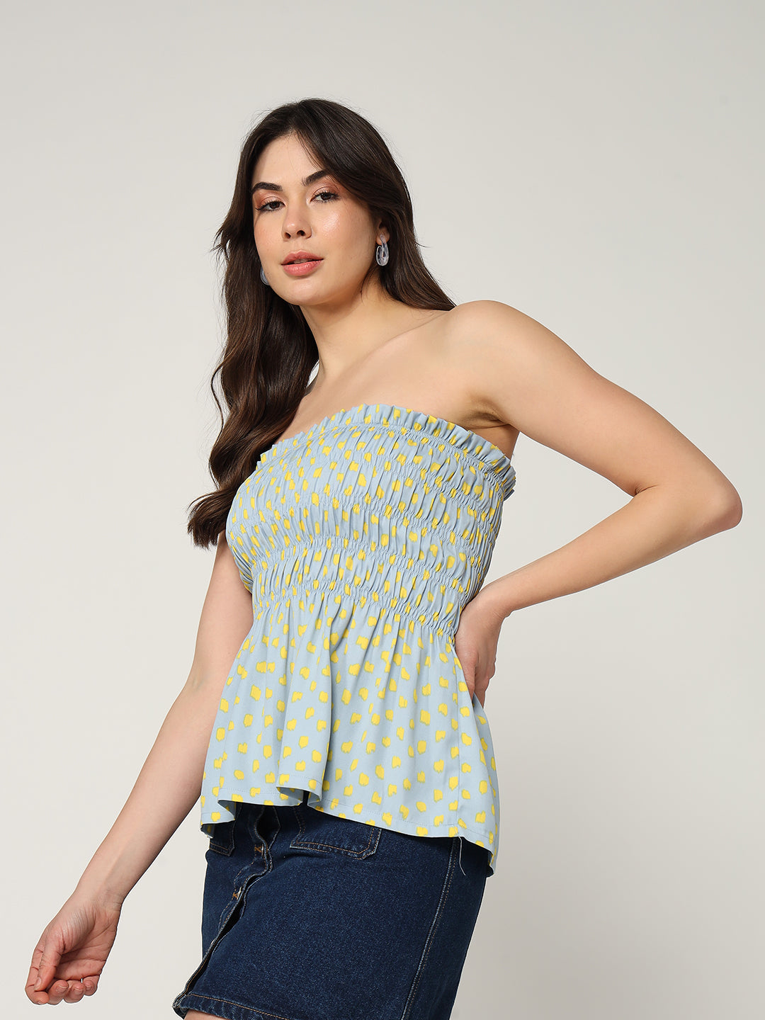 Printed Polka Dot Tube Style Smocked Top