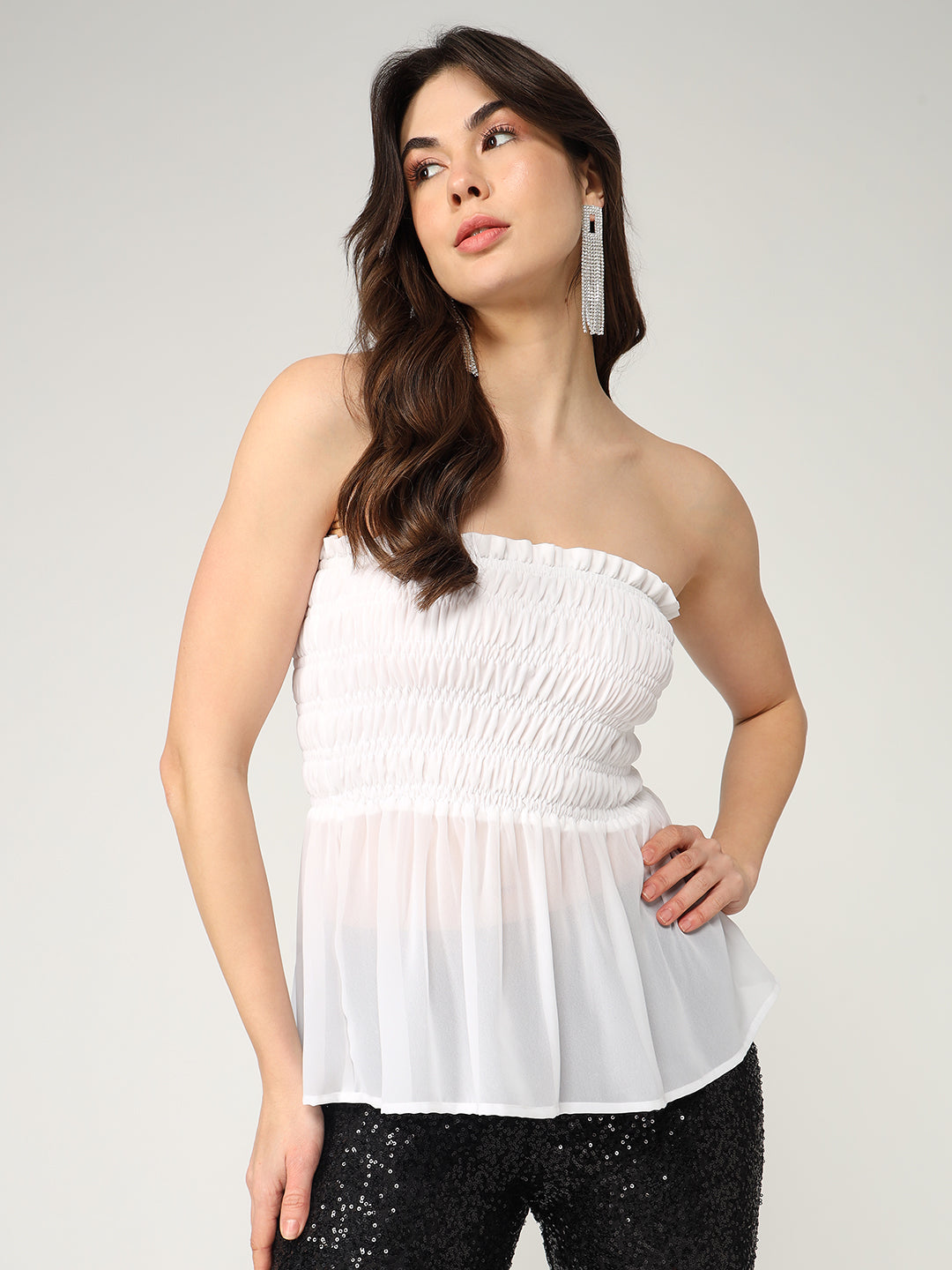 Solid Semi-Sheer Tube Style Smocked Top