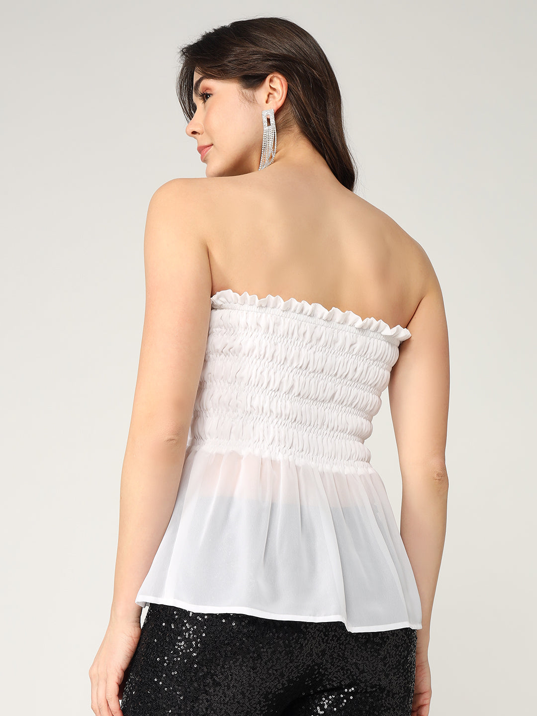 Solid Semi-Sheer Tube Style Smocked Top