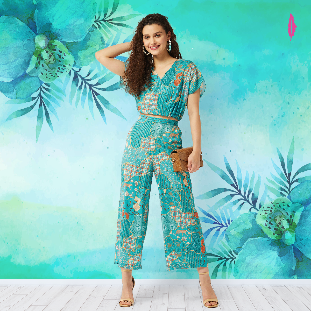 Printed Loose Overlap Top and Pant Set