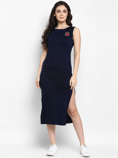 Navy Embroidered Knitted Dress