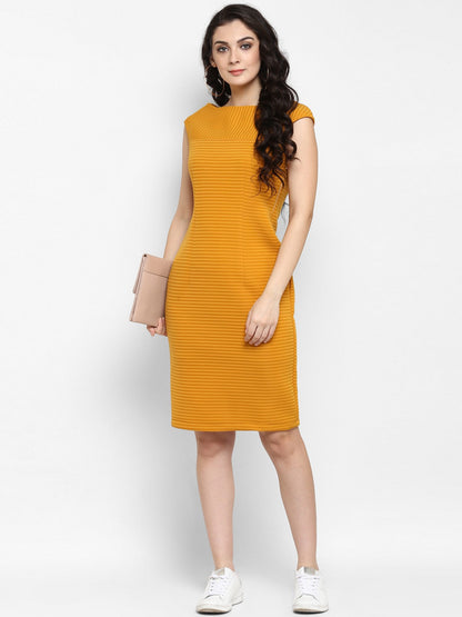 Solid Self Striped Dress With Cap Sleeves