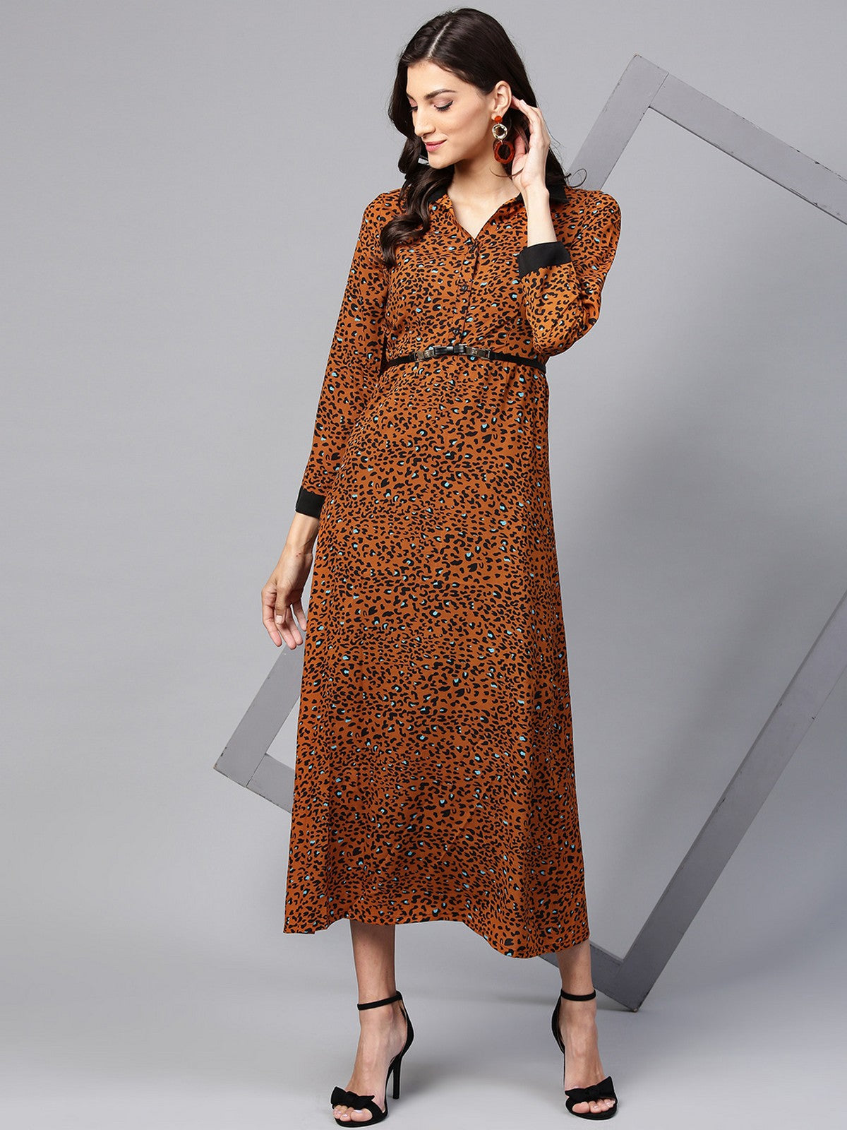 Animal Print Shirt Maxi Dress With Belt